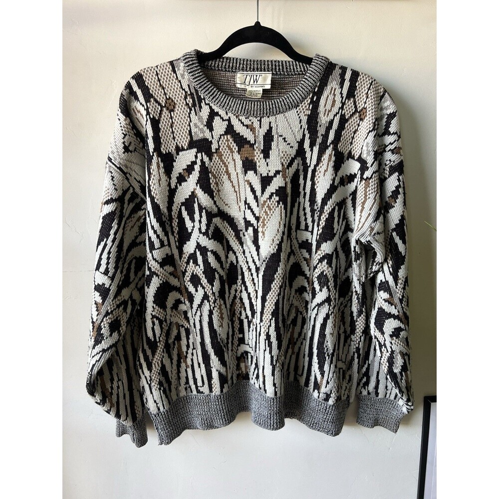 TJW by Mervyn's L Knit Geometric Pullover Sweater Gray Black White Brown Men